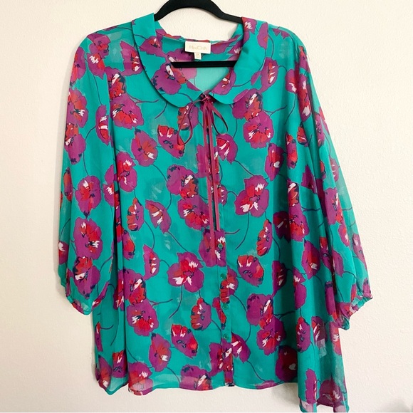 Modcloth Teal and Pink Floral Blouse - Picture 3 of 9